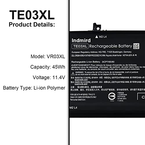 Indmird TE03XL Batería para HP Pavilion 15 Omen 15-BC000 15-BC015TX BC400NA BC006NA BC411TX BC406TX BC407TX BC408TX 15-AX033DX AX009NA AX001TX AX001NS AX038NF AX009NG TPN-Q173 [11.55 V/61.6 Wh]