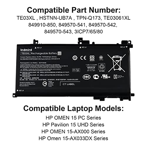 Indmird TE03XL Batería para HP Pavilion 15 Omen 15-BC000 15-BC015TX BC400NA BC006NA BC411TX BC406TX BC407TX BC408TX 15-AX033DX AX009NA AX001TX AX001NS AX038NF AX009NG TPN-Q173 [11.55 V/61.6 Wh]