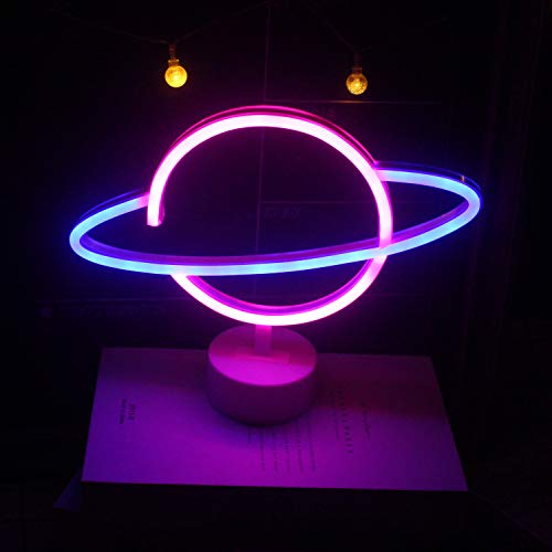 Insegne al neon blu rosa pianeta con lampada da tavolo al neon a led di base per pianeta USB/batteria per la decorazione della dei bambini Forniture per per feste di compleanno (9,4"× 11,8'')