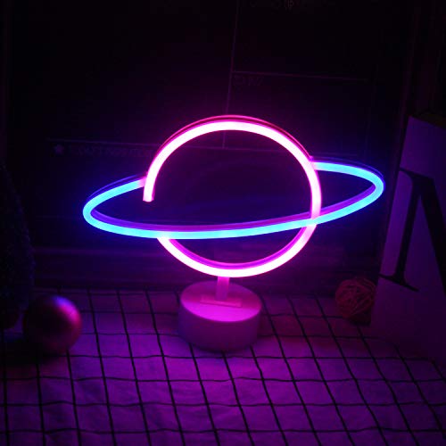Insegne al neon blu rosa pianeta con lampada da tavolo al neon a led di base per pianeta USB/batteria per la decorazione della dei bambini Forniture per per feste di compleanno (9,4"× 11,8'')