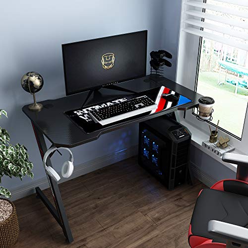 IntimaTe WM Heart Mesa Gaming, Ergonómico Mesa Gamer, Escritorio Gaming, Gaming Desk Fibra de Carbono, Mesas Ordenador con Soportes para Asa, Auriculares, Taza de Agua, Negro