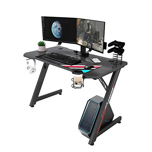 IntimaTe WM Heart Mesa Gaming, Ergonómico Mesa Gamer, Escritorio Gaming, Gaming Desk Fibra de Carbono, Mesas Ordenador con Soportes para Asa, Auriculares, Taza de Agua, Negro