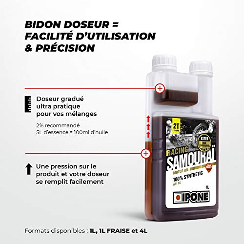IPONE - Aceite Motor Moto 2 Tiempos Samouraï Racing - 100 % Sintético con Ésteres - Lubricante Alto Rendimiento - Envase Dosificador 1 Litro