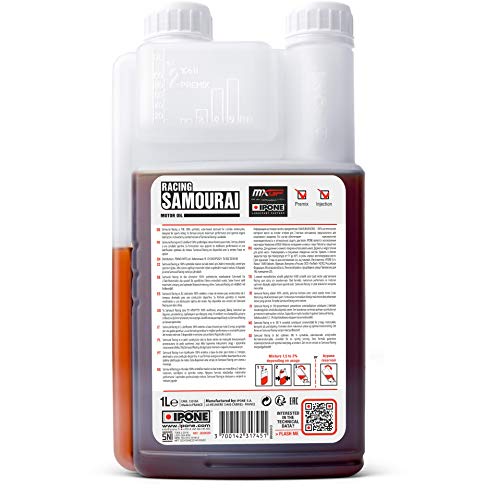 IPONE - Aceite Motor Moto 2 Tiempos Samouraï Racing - 100 % Sintético con Ésteres - Lubricante Alto Rendimiento - Envase Dosificador 1 Litro