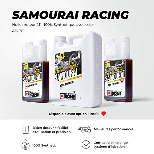 IPONE - Aceite Motor Moto 2 Tiempos Samouraï Racing - 100 % Sintético con Ésteres - Lubricante Alto Rendimiento - Envase Dosificador 1 Litro