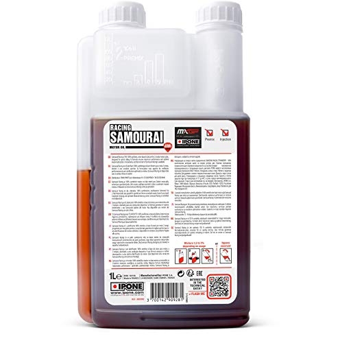 IPONE - Aceite Motor Moto 2T Samouraï Racing Opción Fresa - 100 % Sintético con Ésteres - Lubricante Alto Rendimiento - Envase Dosificador 1 Litro