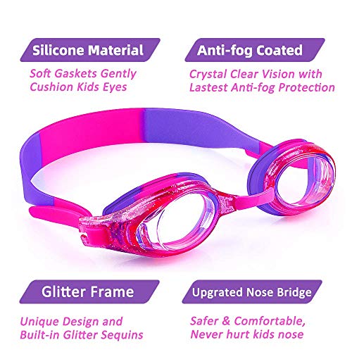 iToobe Gafas de natación para niños de 3 a 14 años de edad para niños y niñas, adolescentes, visión clara, funda de protección gratuita (púrpura)