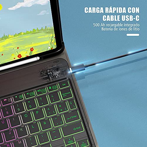 IVSOTEC Funda con Teclado Español Ñ para Samsung Galaxy Tab S6 Lite 10.4" 2020,con 7 Colores Retroiluminación Bluetooth y Protector de Pantalla, Extraíble Teclado para Tab S6 Lite SM-P610/P615,Negro