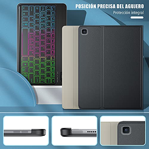IVSOTEC Funda con Teclado Español Ñ para Samsung Galaxy Tab S6 Lite 10.4" 2020,con 7 Colores Retroiluminación Bluetooth y Protector de Pantalla, Extraíble Teclado para Tab S6 Lite SM-P610/P615,Negro