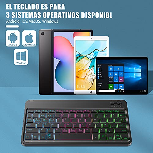 IVSOTEC Funda con Teclado Español Ñ para Samsung Galaxy Tab S6 Lite 10.4" 2020,con 7 Colores Retroiluminación Bluetooth y Protector de Pantalla, Extraíble Teclado para Tab S6 Lite SM-P610/P615,Negro