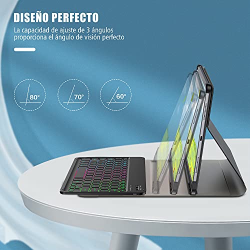 IVSOTEC Funda con Teclado Español Ñ para Samsung Galaxy Tab S6 Lite 10.4" 2020,con 7 Colores Retroiluminación Bluetooth y Protector de Pantalla, Extraíble Teclado para Tab S6 Lite SM-P610/P615,Negro