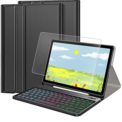 IVSOTEC Funda con Teclado Español Ñ para Samsung Galaxy Tab S6 Lite 10.4" 2020,con 7 Colores Retroiluminación Bluetooth y Protector de Pantalla, Extraíble Teclado para Tab S6 Lite SM-P610/P615,Negro
