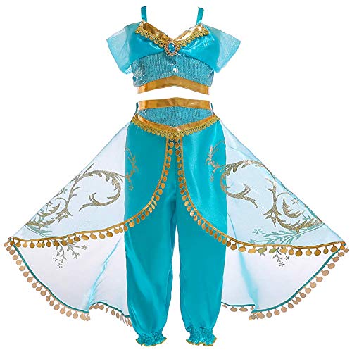 IWEMEK Niña Disfraz de Princesa Jasmine Vestido Aladdin árabe Danza Vientre India Tops Pantalones con Capa y Diadema Traje Carnaval Halloween Cosplay Navidad Cumpleaños Fiesta Costume 03 Azul 7-8