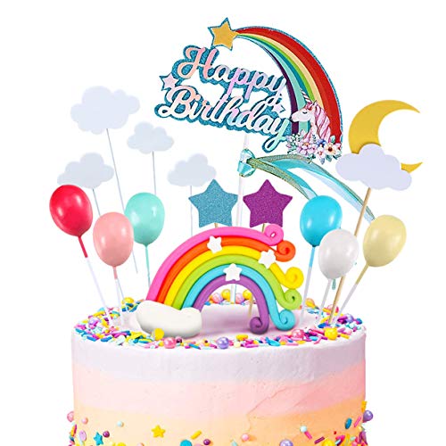 iZoeL Unicornio Decoración de Tartas Cumpleaños Happy Birthday Banderines Globos Arcoiris Estrella Cake Topper Decorar Tartas Infantiles Niñas
