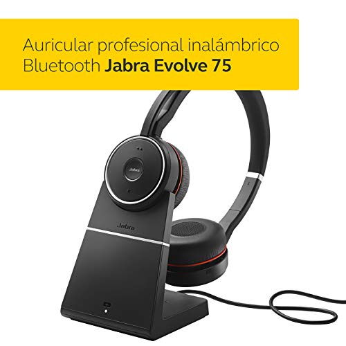 Jabra Evolve 75 UC - Auriculares Inalámbricos Estéreo - Optimizados para Comunicaciones Unificadas - Batería de Larga Duración y Soporte de Carga - Adaptador Bluetooth USB - Negro