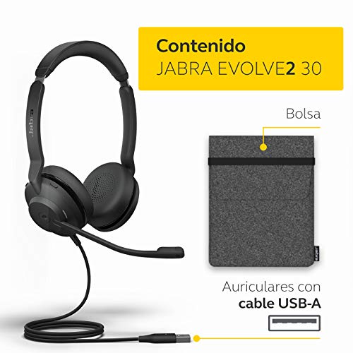 Jabra Evolve2 30 - Auriculares Estéreo con Cancelación de Ruido y Tecnología de Llamada de 2 Micrófonos - Certificados para plataformas UC - Cable USB-A - Negro
