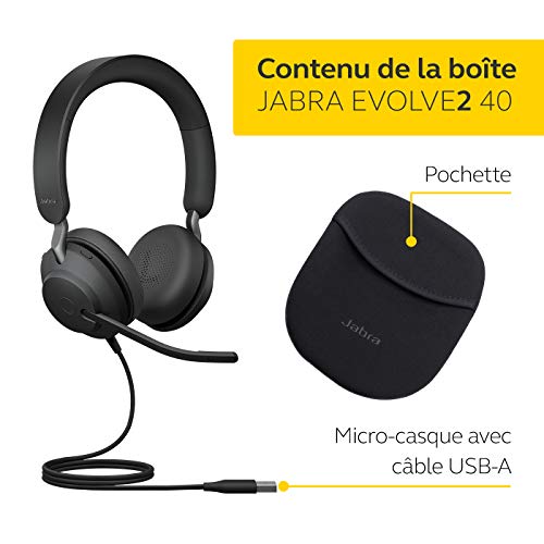 Jabra Evolve2 40 Auriculares Estéreo con Cancelación de Ruido y Tecnología de Llamada con Tres Micrófonos - Certificados para plataformas UC - Cable USB-A - Negro