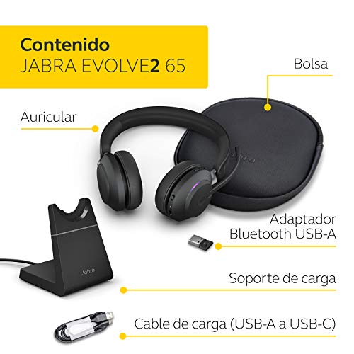 Jabra Evolve2 65 Auriculares Inalámbricos Estéreo con Soporte de Carga - Certificados para Microsoft Teams - Batería de Larga Duración - Adaptador Bluetooth USB-A - Negro