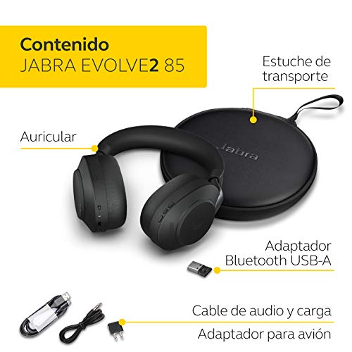 Jabra Evolve2 85 Auriculares Inalámbricos Estéreo con Cancelación de Ruido - Certificados para plataformas UC - Batería de Larga Duración - Adaptador Bluetooth USB-A - Negro