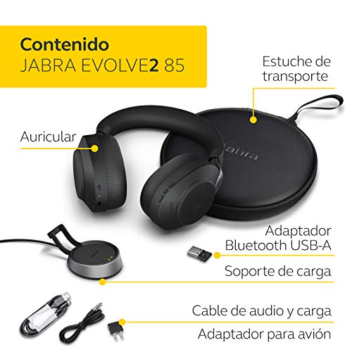 Jabra Evolve2 85 Auriculares Inalámbricos Estéreo con Soporte de Carga - Certificados para Microsoft Teams - Batería de Larga Duración - Adaptador Bluetooth USB-C - Negro
