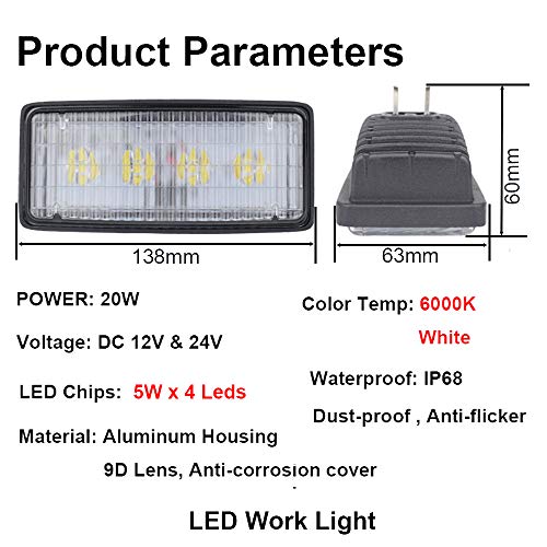 JALN7 Foco Delantero LED Tractor para John Deere Luces Tractor Agricola 20W 12V 24V Faro LED Flood Antiniebla Rectangular Impermeable 1Pcs