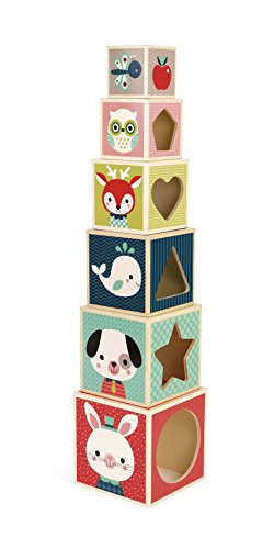 Janod - Baby Forest - Pirámide de 6 Cubos de Madera, Juguete Educativo Apilable y de Construcción, Desarrollo de La Motricidad Fina y de La Manipulación - Desde 1 Año, J08016