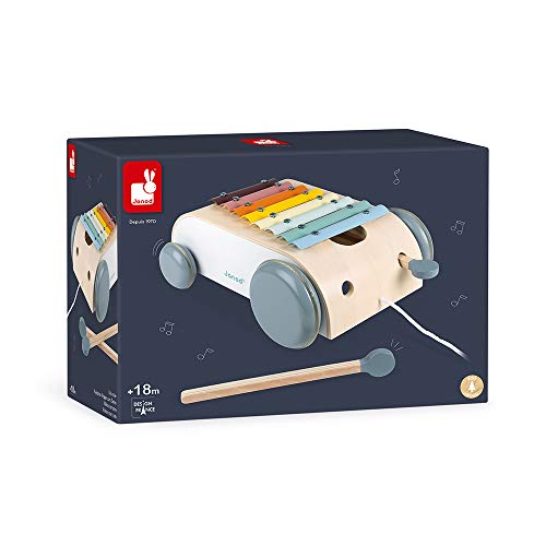 Janod - Xilófono de Arrastre de Madera - Colección Sweet Cocoon - Juguete de Estímulo Musical Pintado al Agua - Juguete de Arrastre - A partir de 18 Meses, J04406