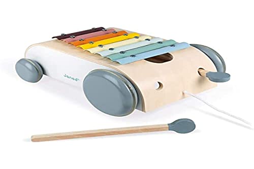 Janod - Xilófono de Arrastre de Madera - Colección Sweet Cocoon - Juguete de Estímulo Musical Pintado al Agua - Juguete de Arrastre - A partir de 18 Meses, J04406