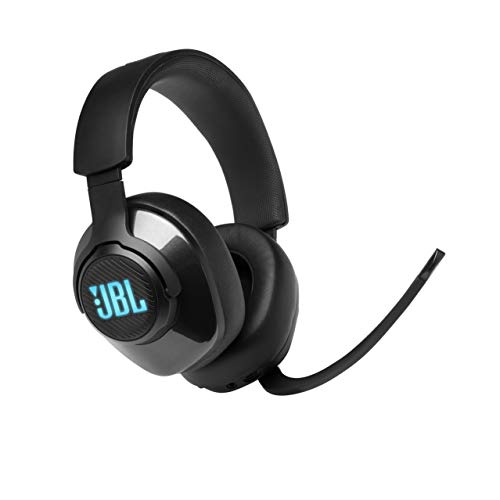 JBL Quantum 400 Auriculares para gamers con un diseño llamativo, tecnología de virtualización surround y reproducción DTS, con micrófono y RGB, compatible con múltiples plataformas, en negro