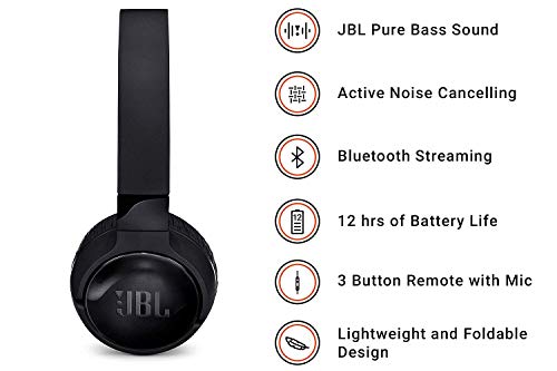 JBL Tune 600BTNC - Auriculares supraaurales inalámbricos con cancelación de ruido activa, batería de hasta 12 horas con BT y NC activo, negro