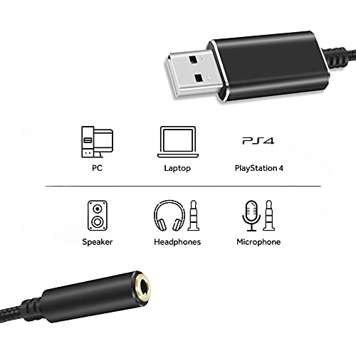 JeoPoom Tarjeta De Sonido Externa USB, Adaptador de Audio USB A Conector de 3,5 mm TRRS de 4 Polos, USB A 3,5mm Jacks Auriculares para Auriculares,PS4,PC,Ordenador Portátil,Sobremesa(Negro,20cm)