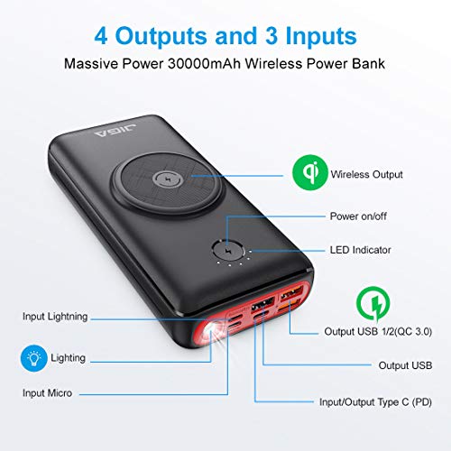 JIGA Batería Externa Inalámbrica 30000mAh Power Bank 18W PD USB-C con 3 Entradas y 5 Salidas y Linterna, 10W Qi Cargador Inducción Portátil Powerbank QC3.0 Carga Rápida para iPhone,Samsung,AirPods,etc