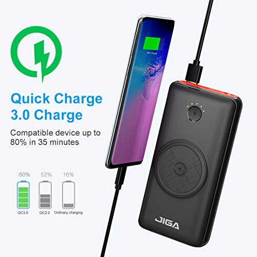 JIGA Batería Externa Inalámbrica 30000mAh Power Bank 18W PD USB-C con 3 Entradas y 5 Salidas y Linterna, 10W Qi Cargador Inducción Portátil Powerbank QC3.0 Carga Rápida para iPhone,Samsung,AirPods,etc