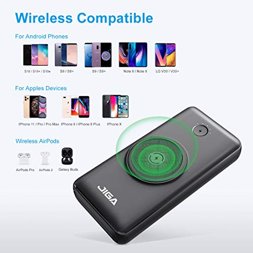 JIGA Batería Externa Inalámbrica 30000mAh Power Bank 18W PD USB-C con 3 Entradas y 5 Salidas y Linterna, 10W Qi Cargador Inducción Portátil Powerbank QC3.0 Carga Rápida para iPhone,Samsung,AirPods,etc