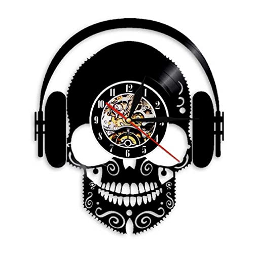 JKLMZYT Escuchar música, diseño de Calavera, Arte Decorativo, Reloj de Pared, Auriculares, Disco de Vinilo, Reloj de Pared, Calavera con Auriculares, decoración Interior