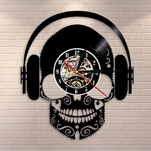 JKLMZYT Escuchar música, diseño de Calavera, Arte Decorativo, Reloj de Pared, Auriculares, Disco de Vinilo, Reloj de Pared, Calavera con Auriculares, decoración Interior