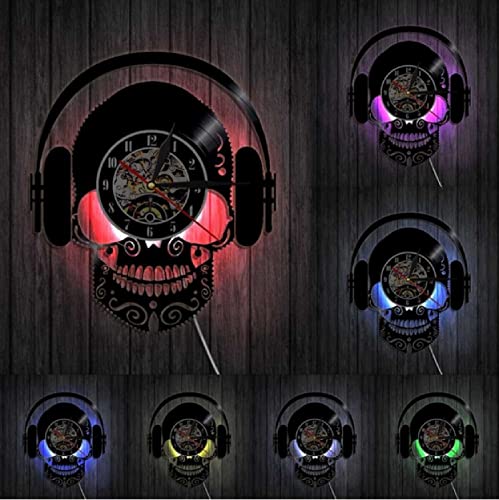 JKLMZYT Escuchar música, diseño de Calavera, Arte Decorativo, Reloj de Pared, Auriculares, Disco de Vinilo, Reloj de Pared, Calavera con Auriculares, decoración Interior