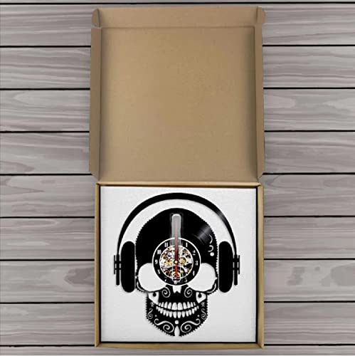 JKLMZYT Escuchar música, diseño de Calavera, Arte Decorativo, Reloj de Pared, Auriculares, Disco de Vinilo, Reloj de Pared, Calavera con Auriculares, decoración Interior