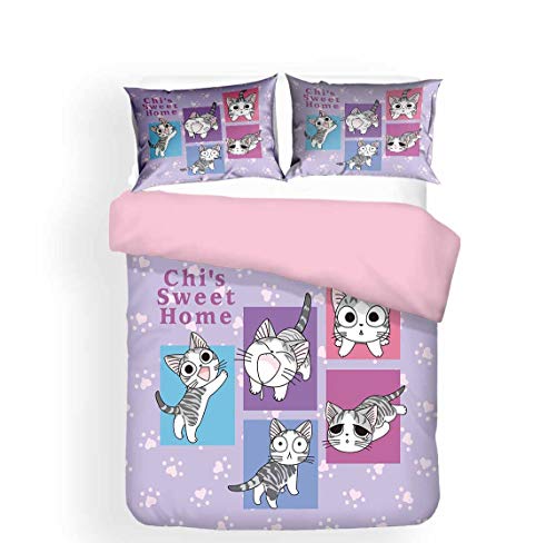 JNSS Chi's Sweet Home - Juego de cama infantil, diseño de gato, 1 funda nórdica y 2 fundas de almohada (Chi1, 200 x 200 cm + 80 x 80 cm x 2)