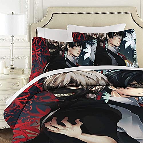 JNSS Tokyo Ghoul Juego de ropa de cama de microfibra, 3 piezas, funda nórdica de color negro y rojo, con estampado Kaneki Ken, suave y esponjosa con cremallera (Ghoul3, individual 155 x 210 cm)