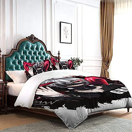 JNSS Tokyo Ghoul Juego de ropa de cama de microfibra, 3 piezas, funda nórdica de color negro y rojo, con estampado Kaneki Ken, suave y esponjosa con cremallera (Ghoul3, individual 155 x 210 cm)