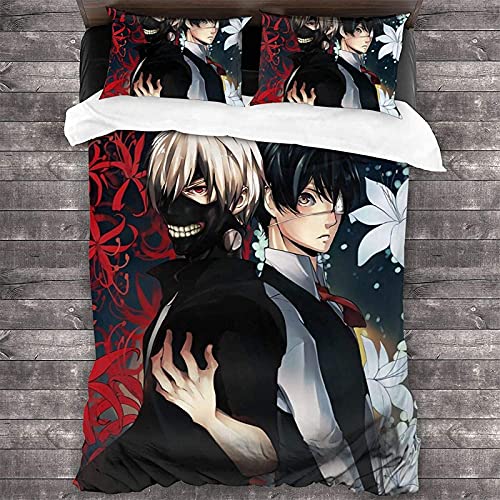 JNSS Tokyo Ghoul Juego de ropa de cama de microfibra, 3 piezas, funda nórdica de color negro y rojo, con estampado Kaneki Ken, suave y esponjosa con cremallera (Ghoul3, individual 155 x 210 cm)