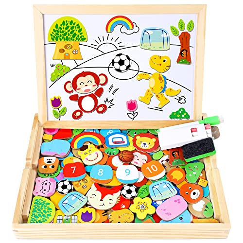 Jojoin 110 pcs Puzzles de Madera Magnética, Rompecabeza Magnético de Madera, Juguete Madera con Pizarra Magnética para Dibujo de Doble Cara, Educativo de Rompecabeza y Dibujo para NIño de 3 4 5 Años