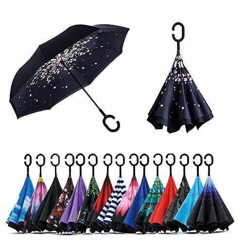 Jooayou Paraguas Invertido de Doble Capa,Paraguas Plegable de Manos Libres Autoportante,Paraguas a Prueba de Viento Anti-UV para la Lluvia del Coche al Aire Iibre (Cherry Flower)