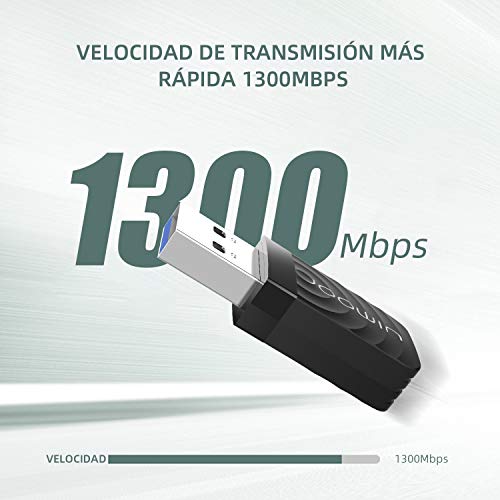 JOOWIN WiFi Adaptador USB,wifi usb 1300Mbps WiFi Antena USB 3.0 Dual Band 2.4GHz/5GHz Mini WiFi Dongle Adaptador Soporta Windows 7/8/8.1/10 / Mac OS 10.7-10.12 /11 Mac OSX, para PC Desktop