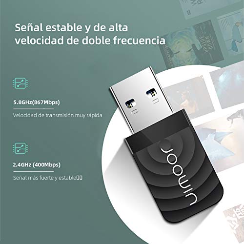 JOOWIN WiFi Adaptador USB,wifi usb 1300Mbps WiFi Antena USB 3.0 Dual Band 2.4GHz/5GHz Mini WiFi Dongle Adaptador Soporta Windows 7/8/8.1/10 / Mac OS 10.7-10.12 /11 Mac OSX, para PC Desktop