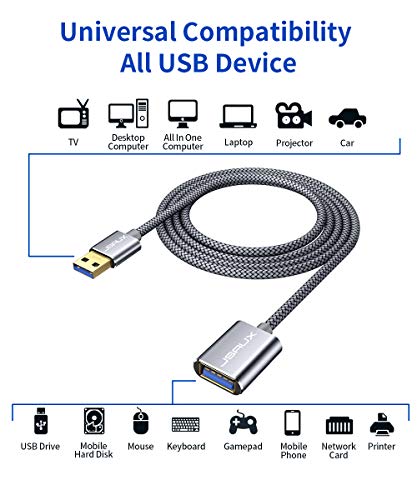JSAUX Cable Alargador USB 3.0 [3M]Duradera Cable Extension USB Tipo A Macho a A Hembra Alta Velocidad 5 Gbps para Impresora,Ratón,Teclado,Hub,Pendrive,Mando de PS3,Disco Externo,Ordenad y Otros -Gris
