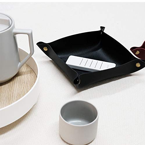 JSL HOME Bandejas de Almacenamiento PU Cuero Pequeño Cuadrado DIY Escritorio Ordenado Caja Decoración del Hogar para Dulces Monedas Dinero Tarjetas Joyería Coche Llaves Reloj 20x20cm con Hebilla Negro