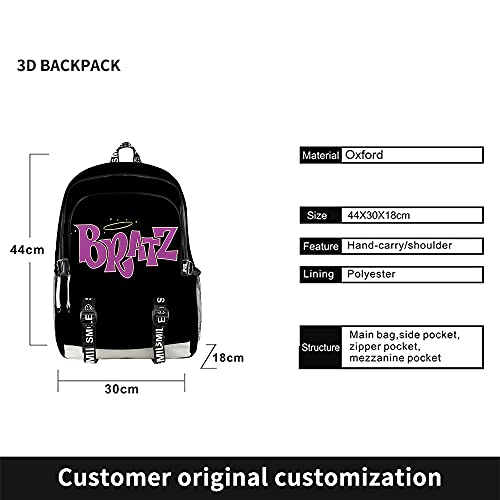 Juego Bratz Rock Angelz Merch Mochila Oxford School Bag Adolescente Bolsa de viaje Mochila de tres piezas Set Bolsa, 1.2, XL,
