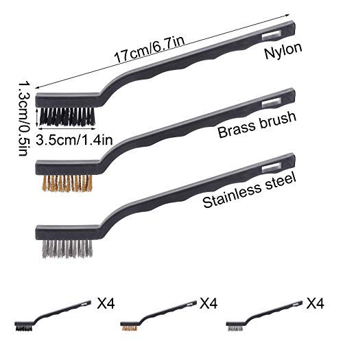 Juego de 12 cepillos de alambre de acero inoxidable de latón de nailon, mini mango curvado, herramientas de limpieza para limpieza de óxido, pintura y escoria de soldadura, 4 piezas por tipo